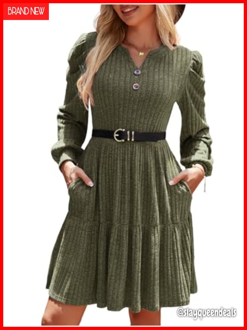65% Polyester 30% Viscose Sweater Dress Puff Long Sleeve Button Down V Neck